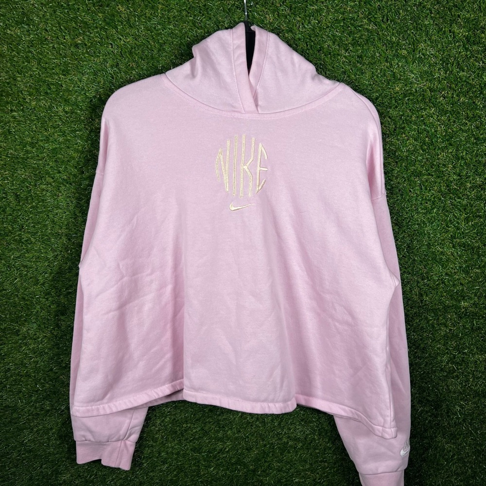 Nike Womens XL Pink Cropped Hoodie Embroidered Circle Logo Fleece‎ Pullover